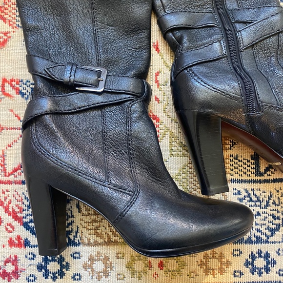 Cole Haan Phoenix Boots Tall Black Leather High Heels Buckles Nike Air Size 6.5 - Picture 2 of 8